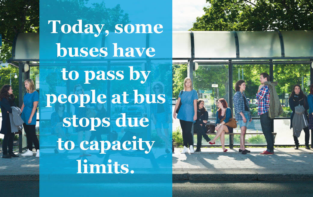 Today, some buses have to pass by people at bus stops due to capacity limits.