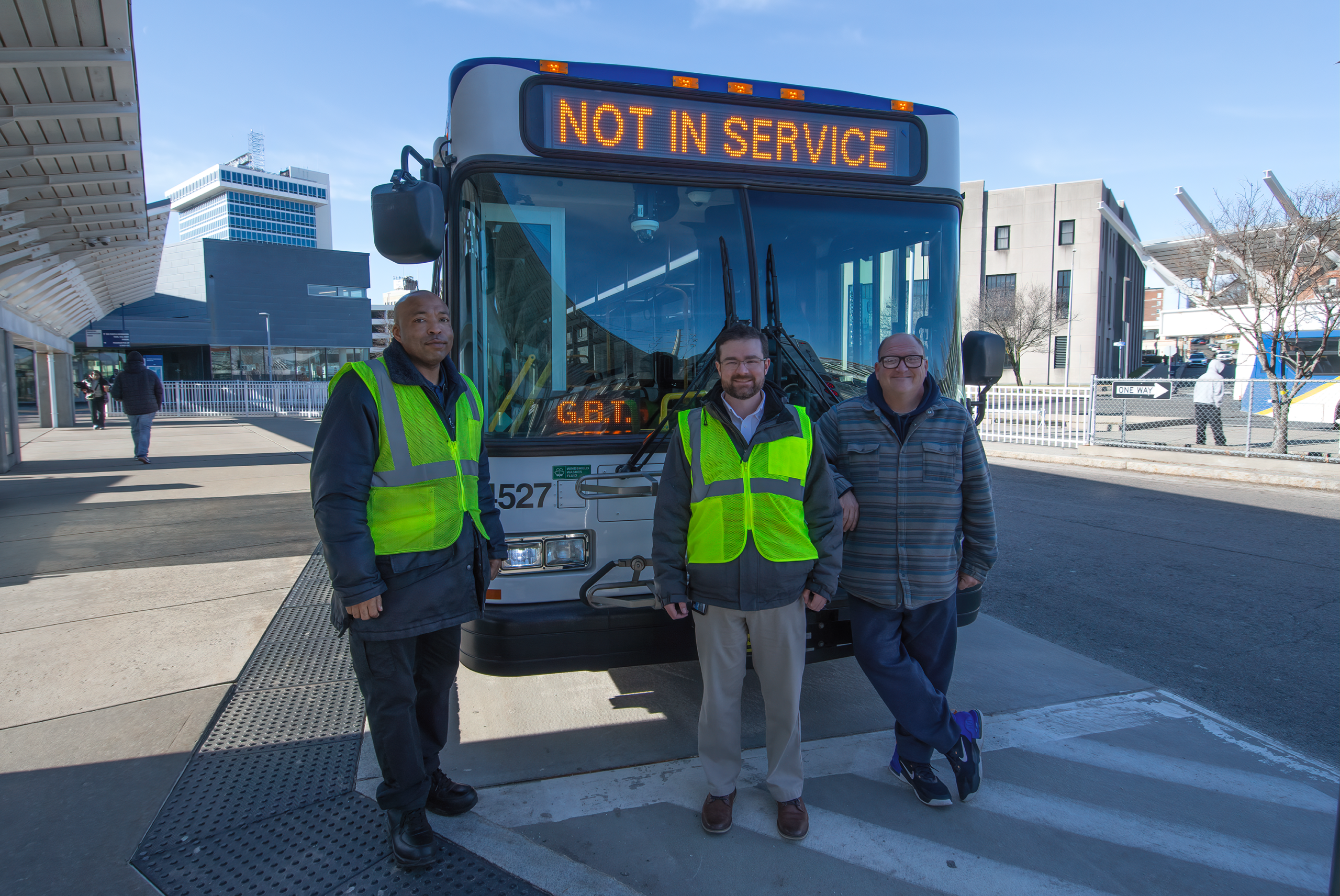 Pictured, Left to Right: Bus Driver, GBT CEO Steven DeMichele, and Rider Garth T.