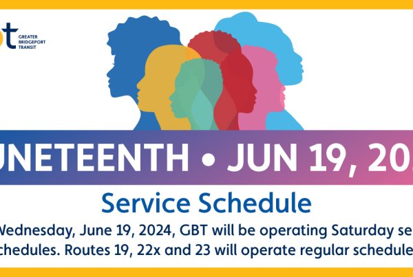 Juneteenth - On Wednesday, June 19, 2024, GBT will be operating Saturday service schedules. Routes 19, 22x and 23 will operate regular schedules.