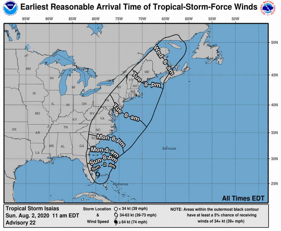 Isaias Projected Arrival Time as of 8-2-20